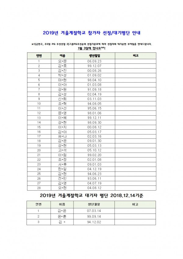 2019년 겨울계절학교 참가자 선정 및 대기명단