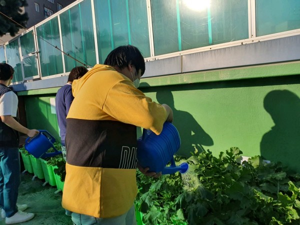 텃밭에 물을 주는 훈련생들
