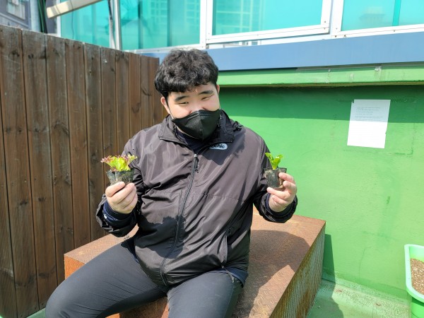 상추를 들고 사진찍는 모습