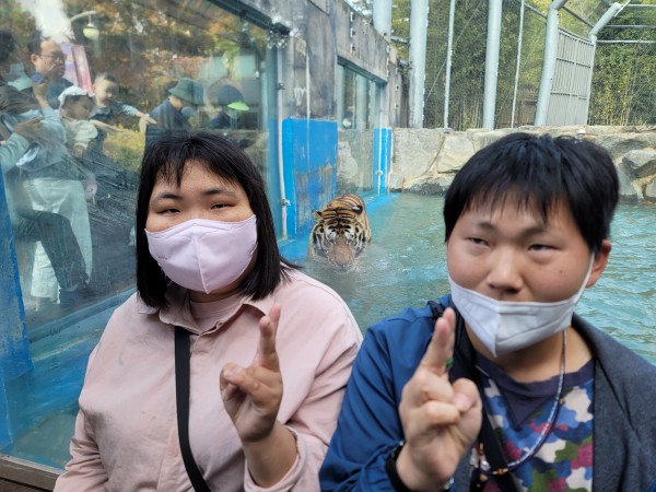 호랑이와 가까이서 함께 사진찍은 모습