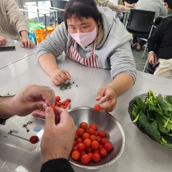 방울토마토 꼭지를 따는 여자의 모습