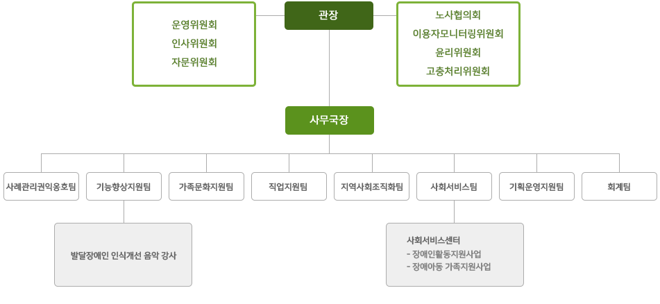 조직도 : [운영위원회, 인사위원회, 자문위원회]-[노사협의회, 이용자모니터링위원회, 윤리위원회, 고충처리위원회]-[관장]->[사무국장]->[사례관리권익옹호팀], [기능향상지원팀]->[발달장애인 인식개선 음악 강사], [가족문화지원팀], [직업지원팀], [지역사회조직화팀], [사회서비스팀]->[사회서비스센터 : -장애인활동지원사업, -장애아동 가족지원사업], [기획운영지원팀], [회계팀]