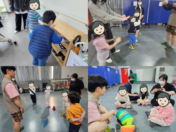 신발을 갈아신고 체육관에 가서 특수체육교사 선생님과 재미난 체육활동을 하는 아동들의 모습