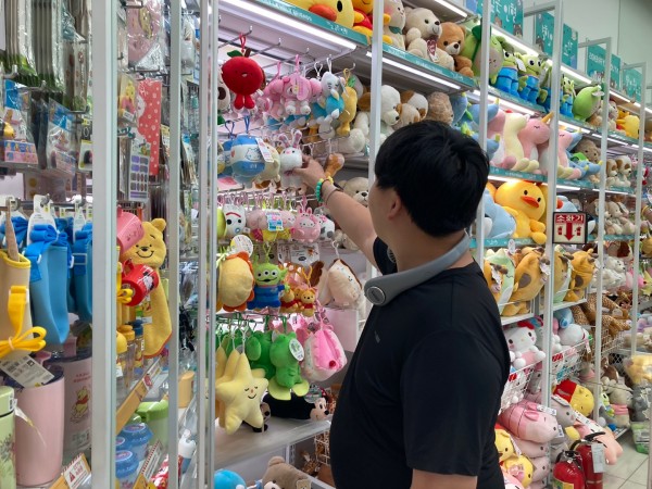다이소에 방문하여 인형들을 구경하며 만져보고 있는 이용자
