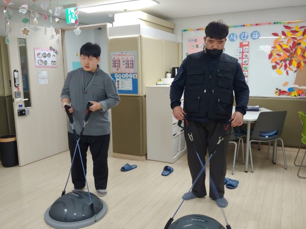 1. 보수볼을 활용하여 운동하는 이용자들