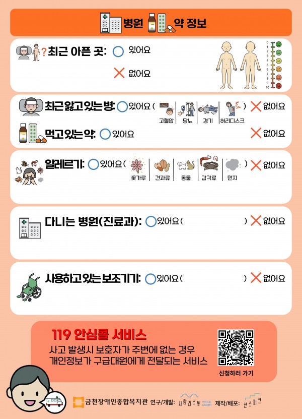 병원 약 정보 최근아픈곳 있어요 없어요, 최근앓고 있는 병 있어요 (고혈압, 당뇨, 경기, 허리디스크) 없어요, 먹고있는 약 있어요 없어요, 알레르기 있어요(꽃가루, 견과류, 동물, 갑각류, 먼지) 없어요, 다니는 병원(진료과) 있어요 없어요, 사용하고 있는 보조기기 있어요 없어요, 119안심콜서비스 사고 발생시 보호자가 주변에 없는 경우 개인정보가 구급대원에게 전달되는 서비스 http://u119.nfa.go.kr/web/wi/wiContract2.jsp, 금천장애인종합복지관, 연구개발 사람과 소통, 제작배포 한스피크