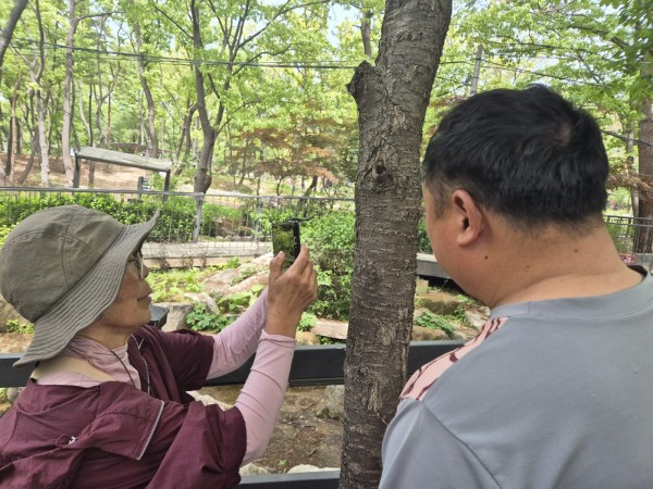 숲에 식물을 보고 이야기듣는 모습