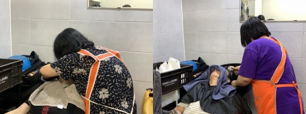 샴푸 진행하는 봉사자 모습