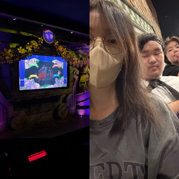 놀이기구를 타는 모습과 함께 줄을 기다리고 있는 모습의 사진