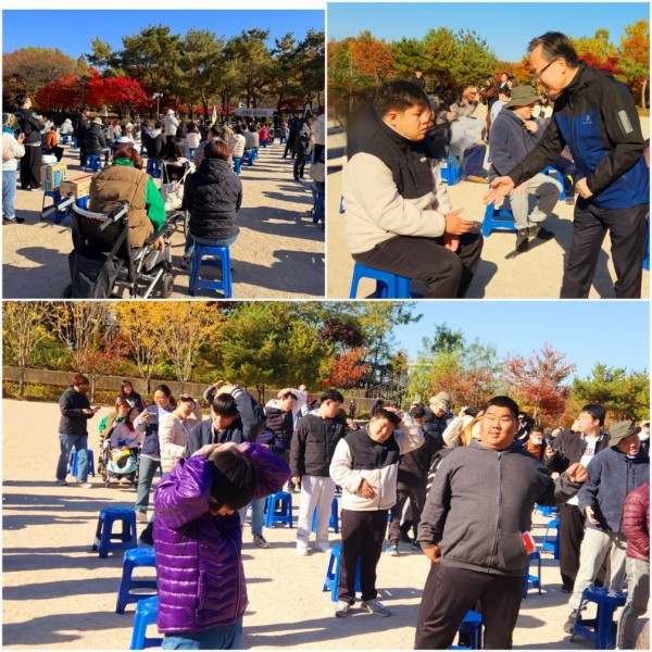 구청장님의 응원의 악수와 준비체조하는 모습