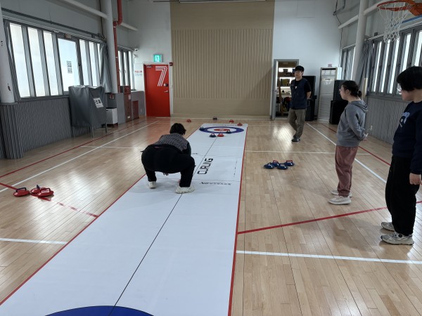 중간선에서 스톤을 투구하는 참여자