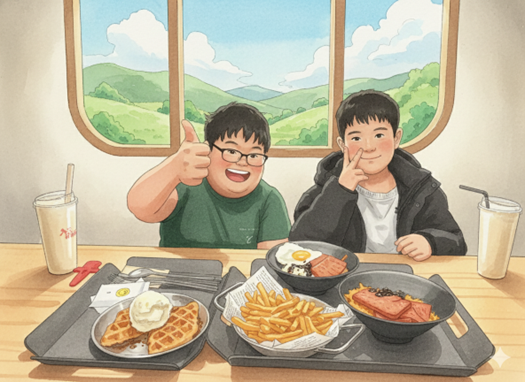 맛있는 음식을 함께 먹고 있는 모습