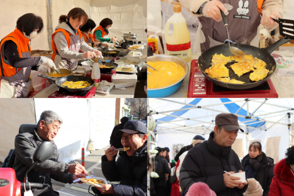 설 음식을 만드는 독산1동 자원봉사캠프와 음식을 먹는 이용인들
