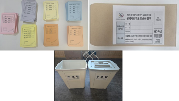 모의선거투표연습을 위해 제작한 7장의 모의투표지랑 회송용봉투, 투표함을 찍은 모습