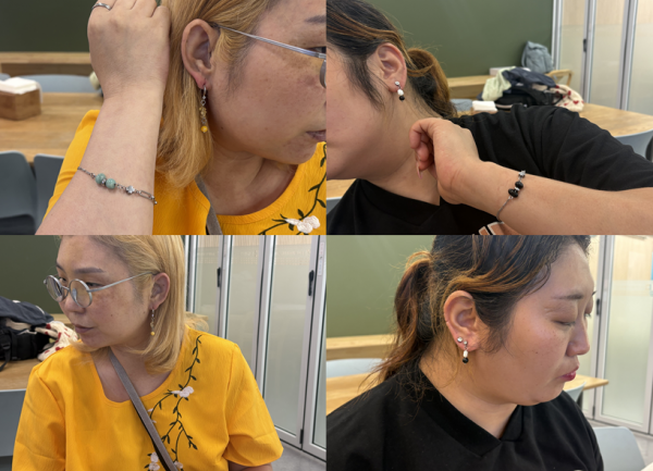 각자만의 스타일대로 만든 귀걸이, 지난 활동때 만든 팔찌 착용하고 온 모습