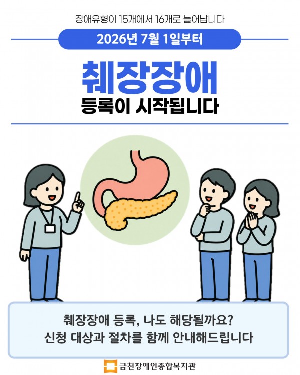 췌장장애 등록 시작  장애유형이 15개에서 16개로 늘어납니다.  2026년 7월 1일부터 췌장장애 등록이 시작됩니다.  췌장장애 등록, 나도 해당될까요? 신청 대상과 절차를 함께 안내해드립니다.  금천장애인종합복지관
