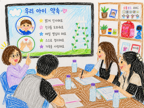 우리아이약속 밝게 인사해요. 친구를 도와줘요, 매일 열심히 해요 스스로 정리해요 가족을 사랑해요 화면을 보며 이야기 나누는 모습