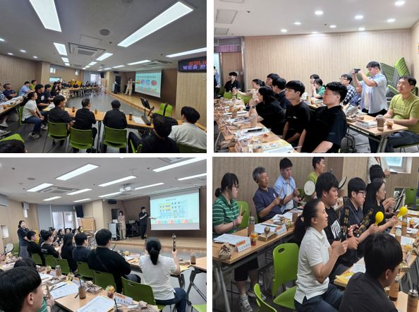 장애이해교육 오케스트라 교육 진행과정을 시연하고 있는 모습과 이를 집중해서 보는 희망나래이터 분들과 함께 악기합주를 하고 있는 모습