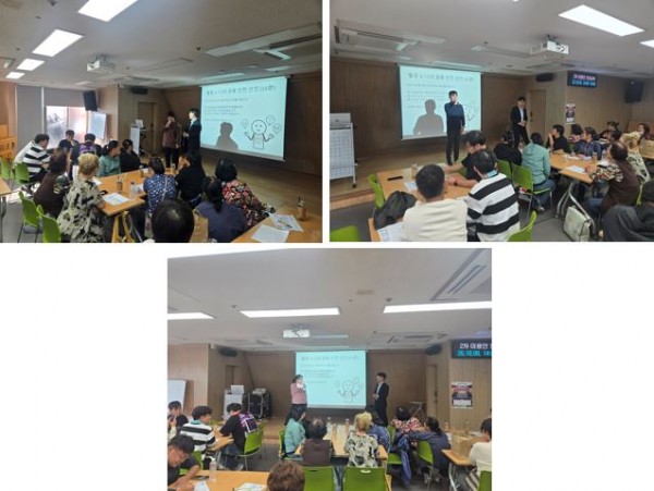 인권교육을 듣고 앞으로 어떻게 자신의 재산을 지킬것인지 다짐한것을 스스로 발표하고 있는 이용인과 그러한 모습을 보고있는 이용인분들의 모습